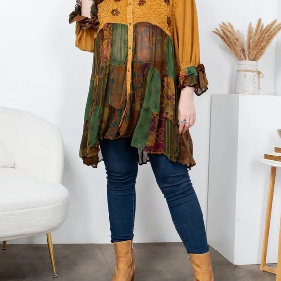 #116 NWT Young Threads Camel Earthy Boho Patchwork Tiered Top Woman Size L - Picture 8 of 16